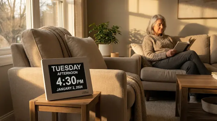 Warm living room with American Lifetime digital day clock on a side table.